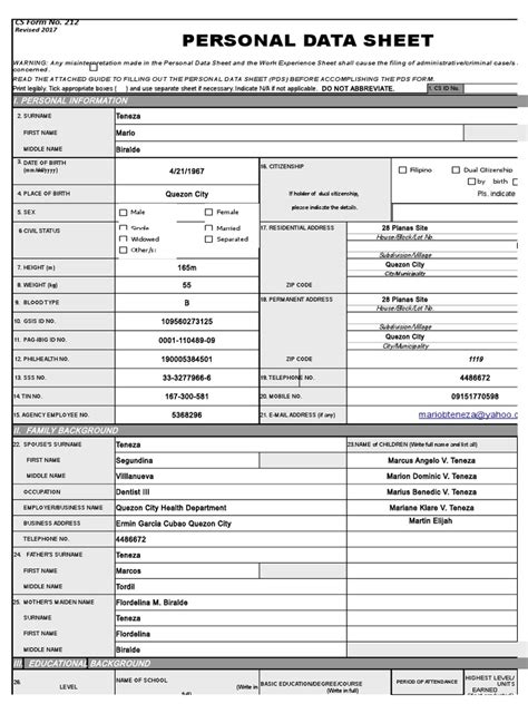 CS Form No. 212 Revised Personal Data Sheet .